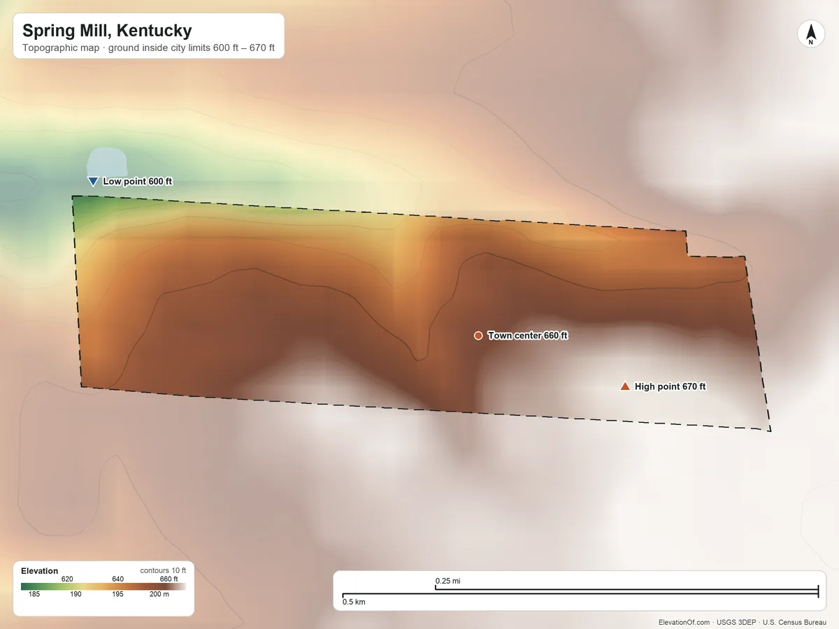 Topographic elevation map of Spring Mill, Kentucky, shaded from 600 ft on the west side to 670 ft on the east side