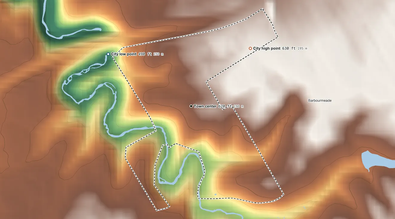 Topographic elevation map of Spring Valley, Kentucky, shaded from 490 ft on the northwest side to 630 ft on the northeast side