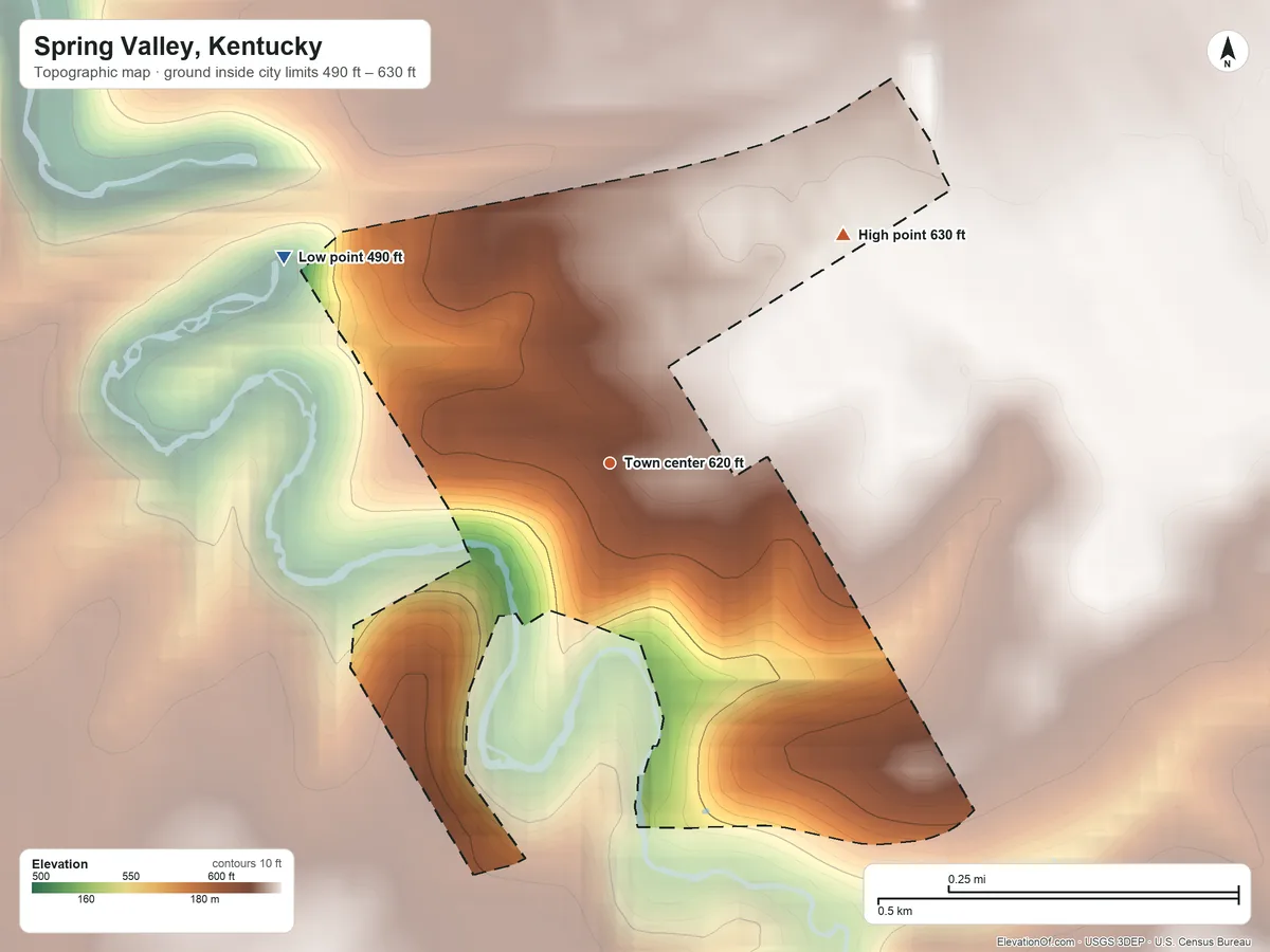 Topographic elevation map of Spring Valley, Kentucky, shaded from 490 ft on the northwest side to 630 ft on the northeast side