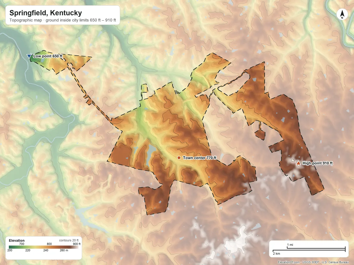 Topographic elevation map of Springfield, Kentucky, shaded from 650 ft on the northwest side to 910 ft on the east side