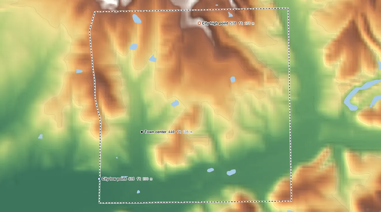 Topographic elevation map of St. Charles, Kentucky, shaded from 420 ft on the southwest side to 570 ft on the northeast side