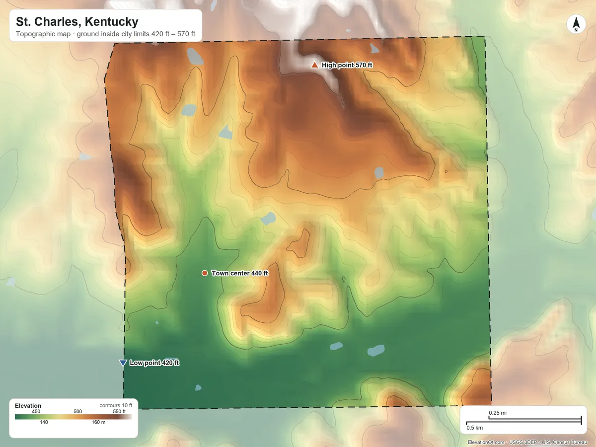 Topographic elevation map of St. Charles, Kentucky, shaded from 420 ft on the southwest side to 570 ft on the northeast side