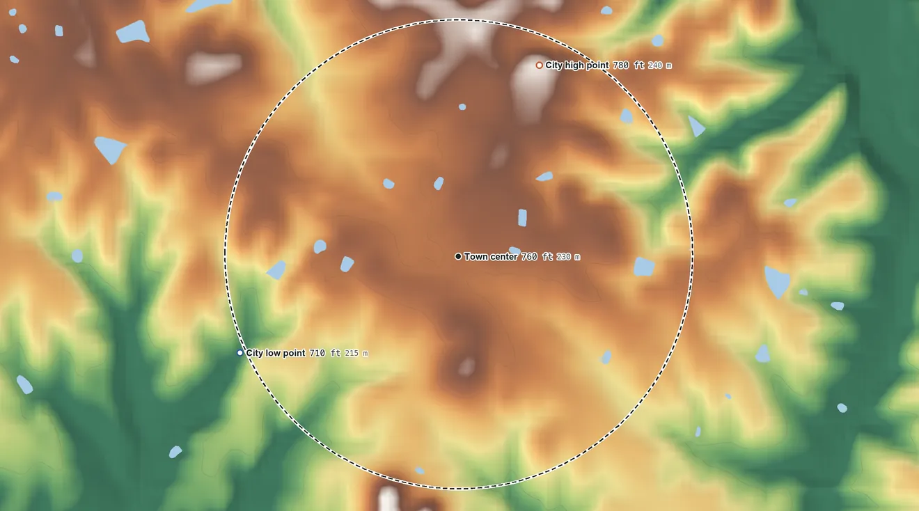 Topographic elevation map of St. Mary, Kentucky, shaded from 710 ft on the southwest side to 780 ft on the northeast side