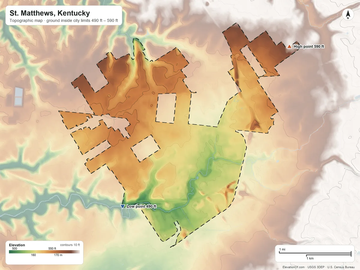 Topographic elevation map of St. Matthews, Kentucky, shaded from 490 ft on the southwest side to 590 ft on the northeast side