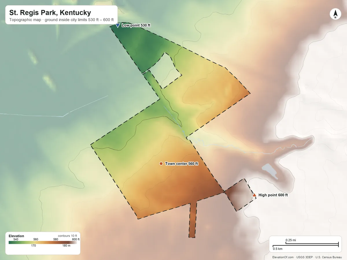 Topographic elevation map of St. Regis Park, Kentucky, shaded from 530 ft on the north side to 600 ft on the east side