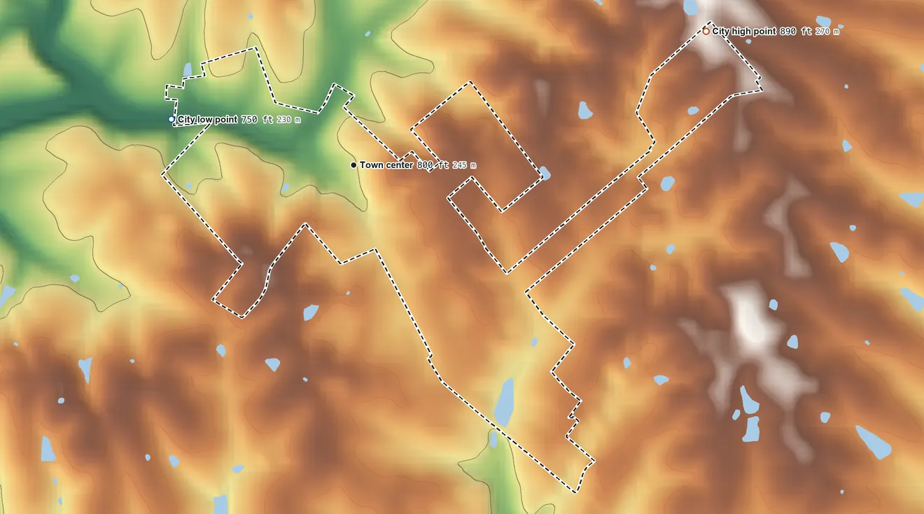 Topographic elevation map of Stamping Ground, Kentucky, shaded from 750 ft on the west side to 890 ft on the east side