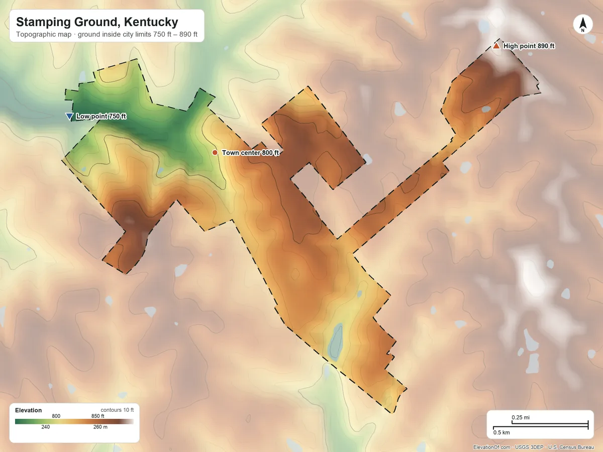 Topographic elevation map of Stamping Ground, Kentucky, shaded from 750 ft on the west side to 890 ft on the east side