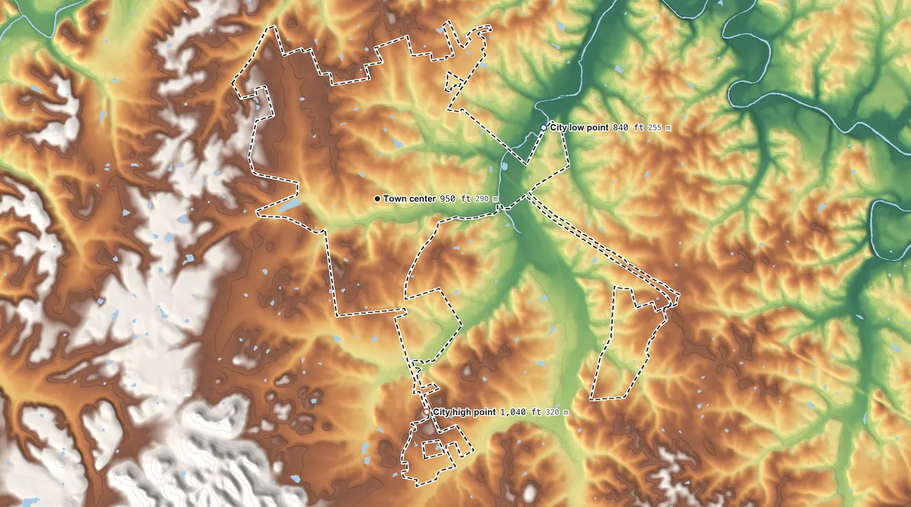 Topographic elevation map of Stanford, Kentucky, shaded from 840 ft on the northeast side to 1,040 ft on the south side