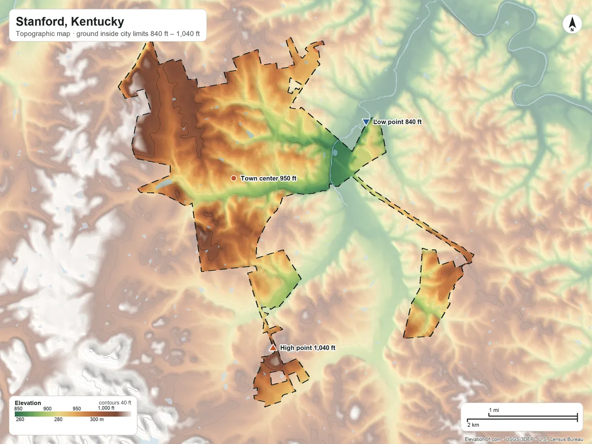 Topographic elevation map of Stanford, Kentucky, shaded from 840 ft on the northeast side to 1,040 ft on the south side
