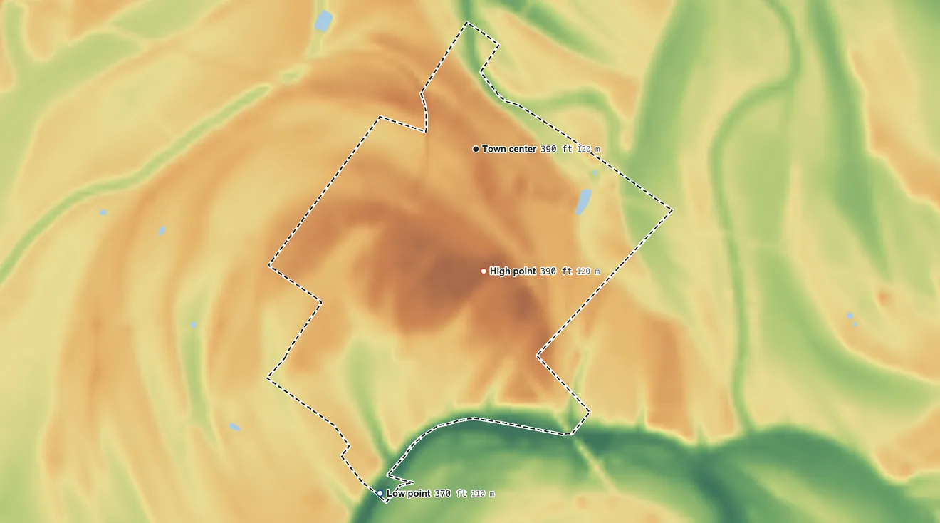 Topographic elevation map of Stanley, Kentucky, shaded from 370 ft on the south side to 390 ft on the south side