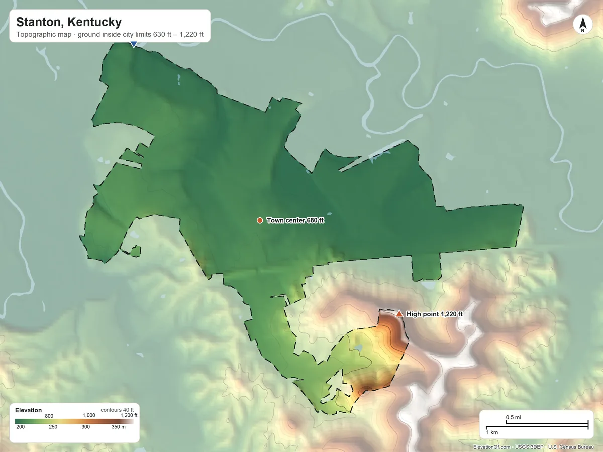 Topographic elevation map of Stanton, Kentucky, shaded from 630 ft on the northwest side to 1,220 ft on the southeast side