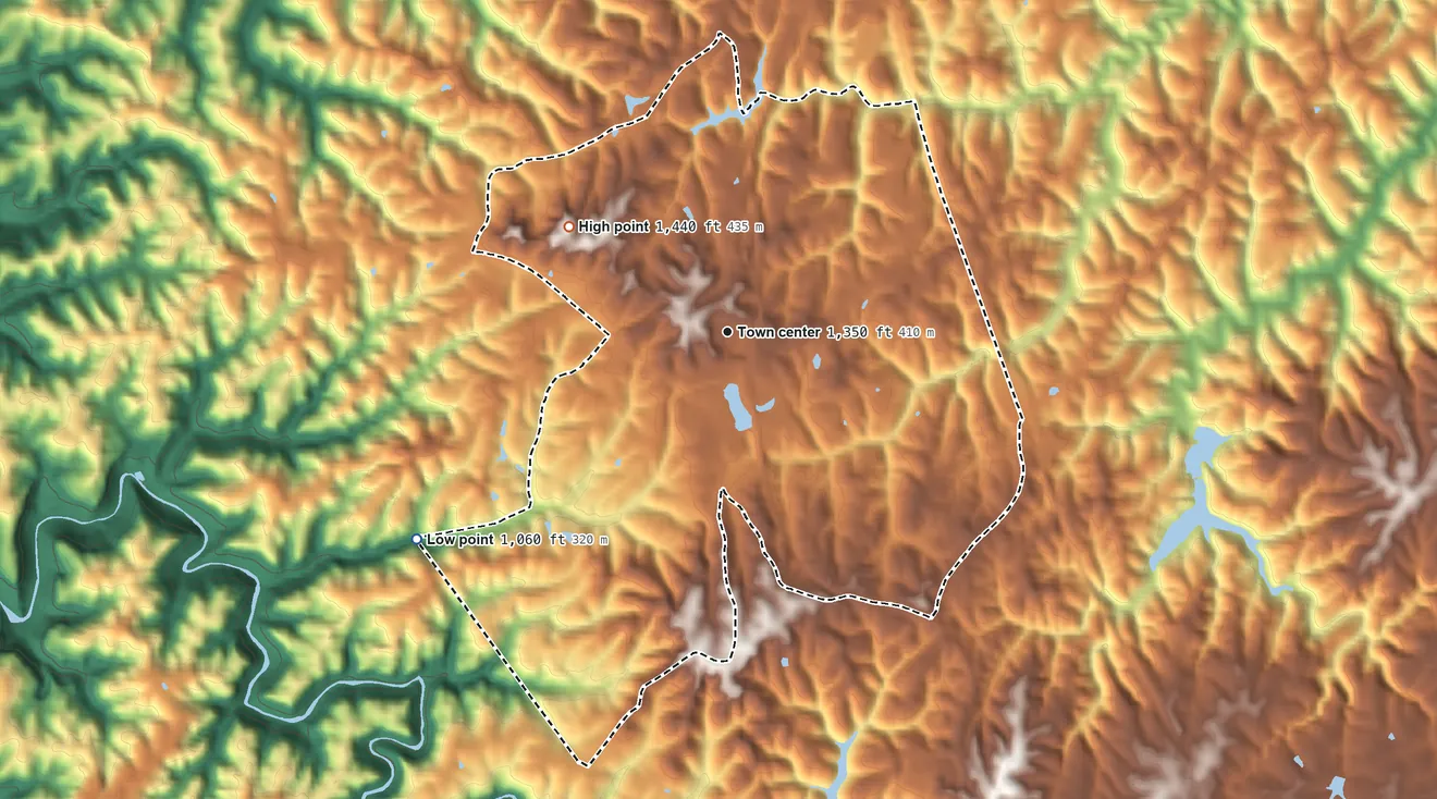 Topographic elevation map of Stearns, Kentucky, shaded from 1,060 ft on the southwest side to 1,440 ft on the northwest side