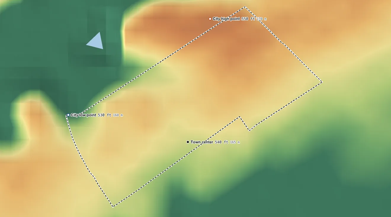 Topographic elevation map of Strathmoor Manor, Kentucky, shaded from 530 ft on the west side to 550 ft on the north side