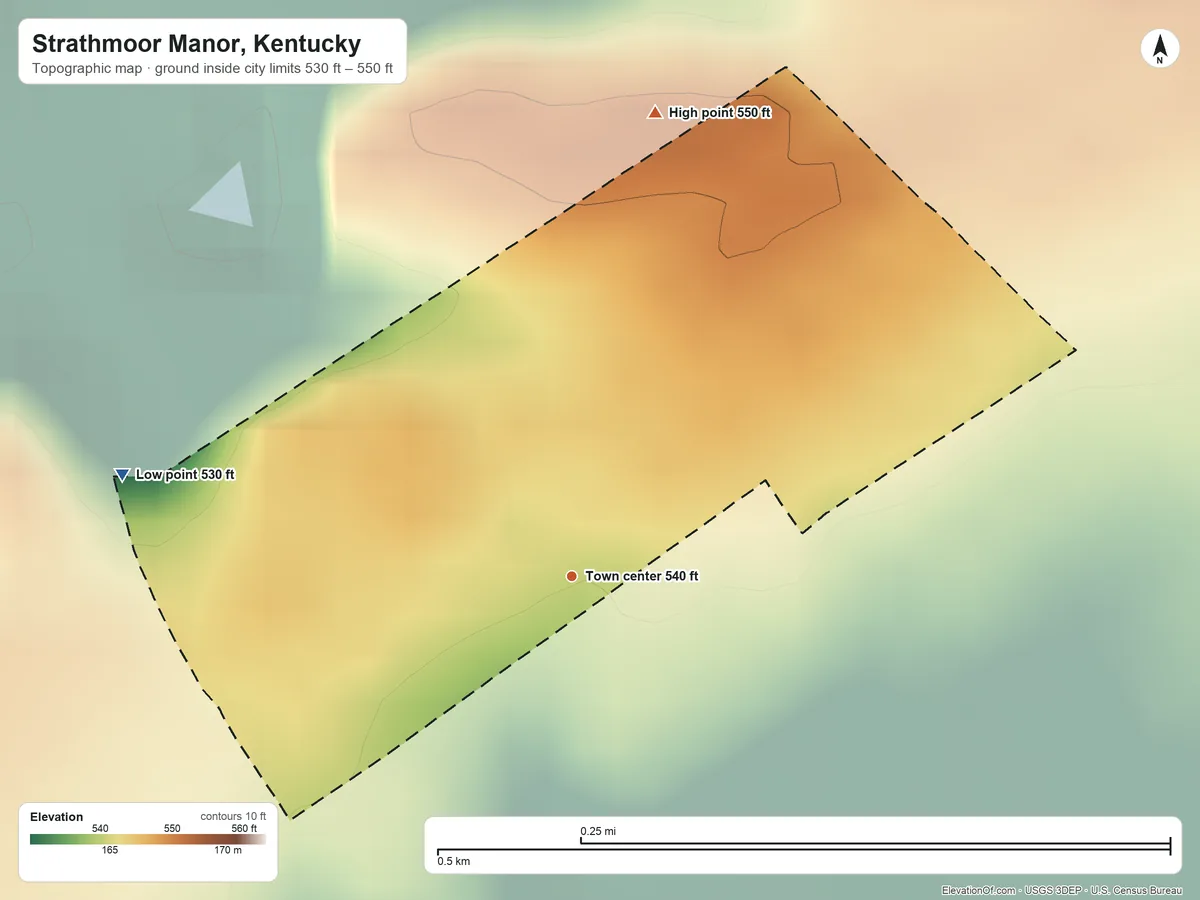Topographic elevation map of Strathmoor Manor, Kentucky, shaded from 530 ft on the west side to 550 ft on the north side