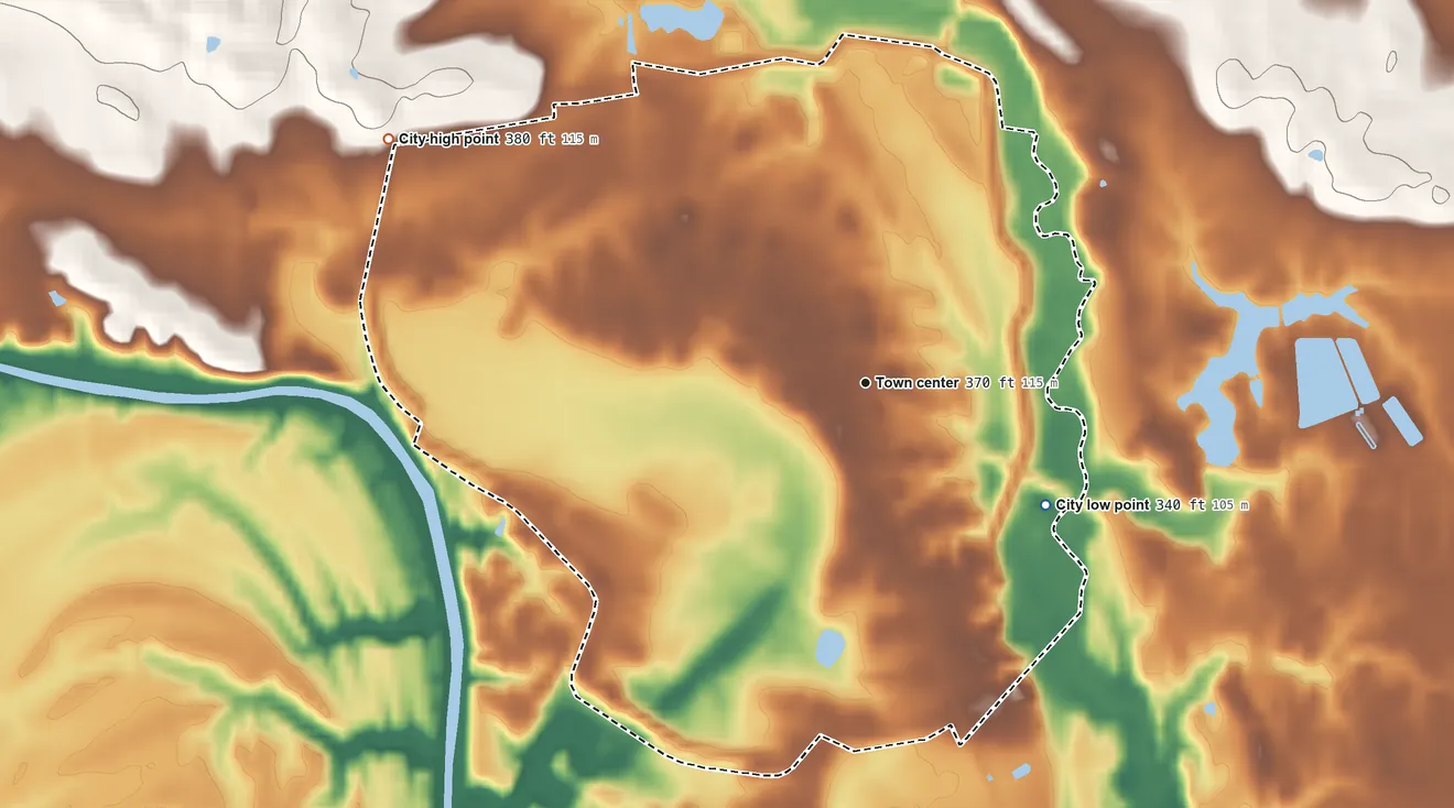 Topographic elevation map of Sturgis, Kentucky, shaded from 340 ft on the southeast side to 380 ft on the northwest side