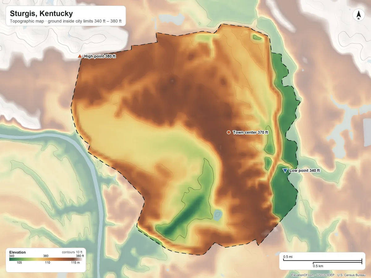 Topographic elevation map of Sturgis, Kentucky, shaded from 340 ft on the southeast side to 380 ft on the northwest side