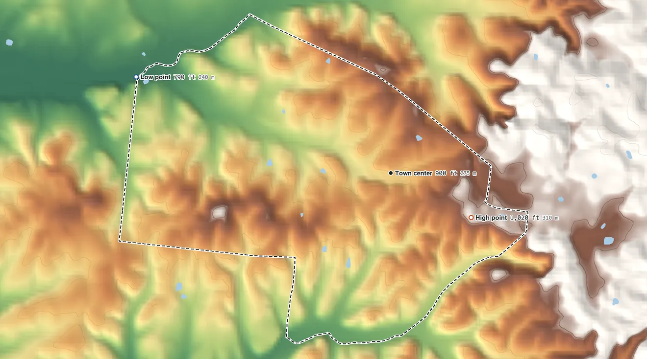 Topographic elevation map of Summer Shade, Kentucky, shaded from 790 ft on the west side to 1,020 ft on the southeast side