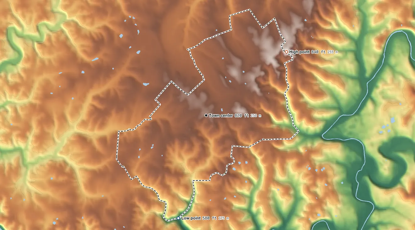 Topographic elevation map of Summersville, Kentucky, shaded from 580 ft on the south side to 840 ft on the northeast side
