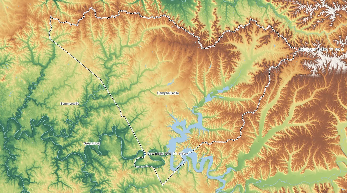 Topographic elevation map of Taylor County, Kentucky, shaded from 570 ft on the southwest side to 1,190 ft on the east side