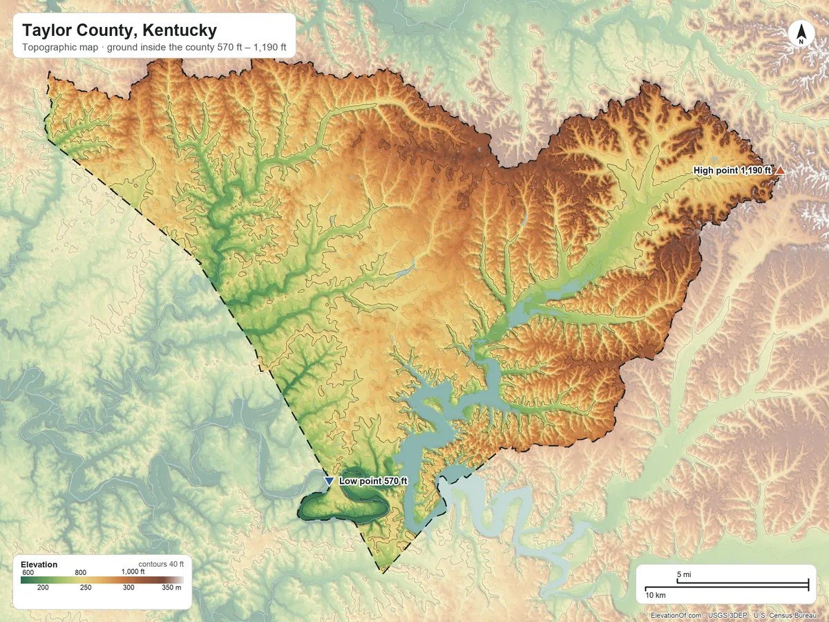 Topographic elevation map of Taylor County, Kentucky, shaded from 570 ft on the southwest side to 1,190 ft on the east side
