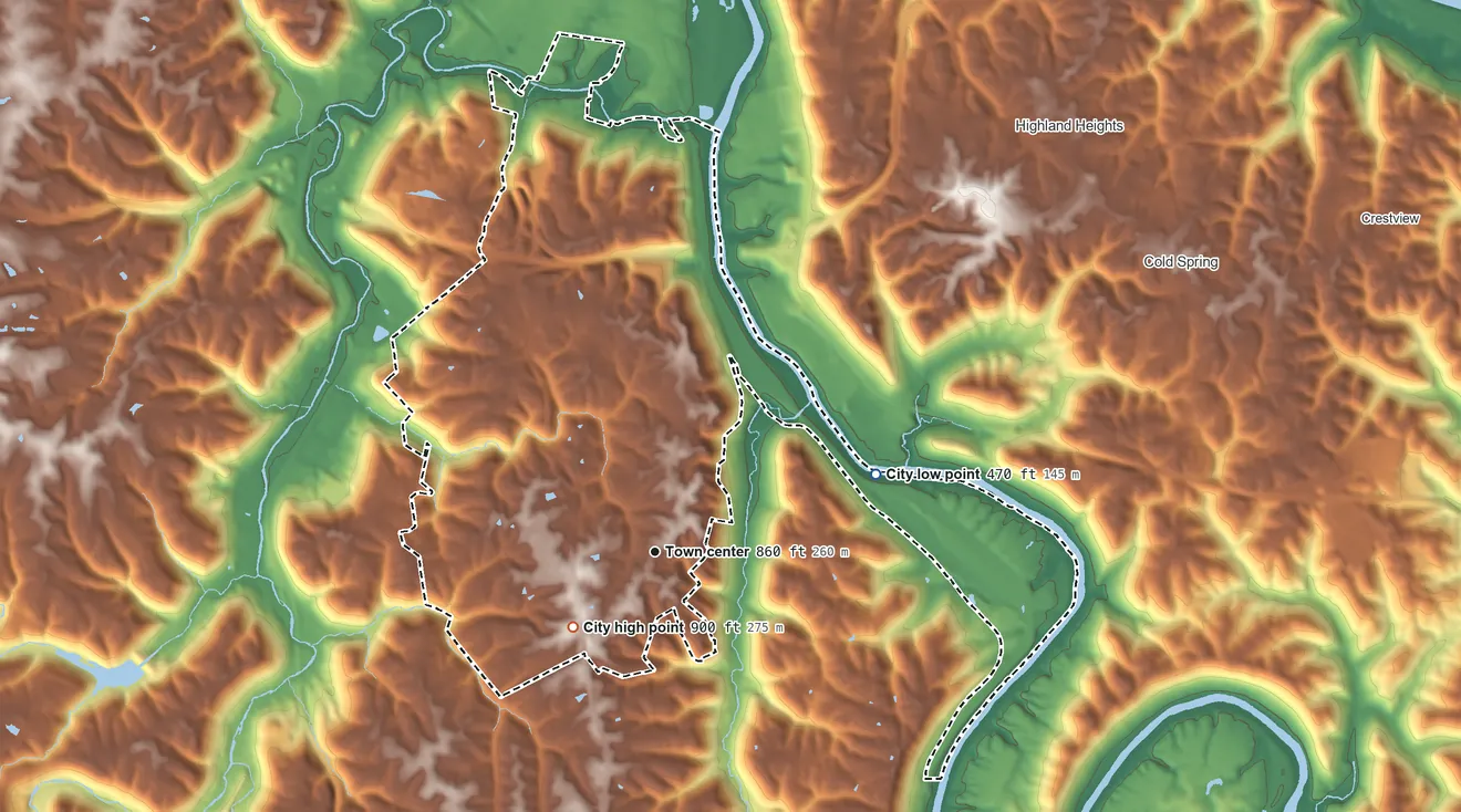 Topographic elevation map of Taylor Mill, Kentucky, shaded from 470 ft on the east side to 900 ft on the southwest side