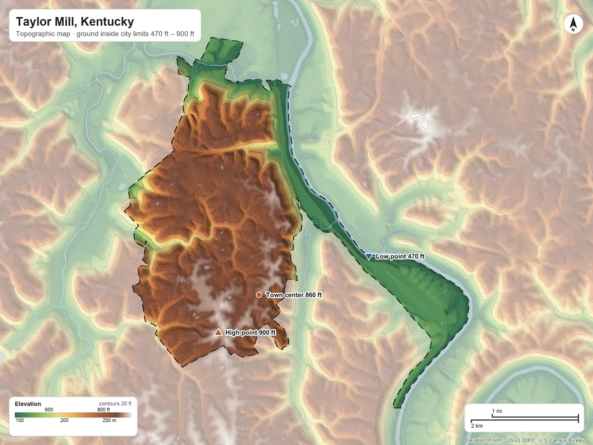 Topographic elevation map of Taylor Mill, Kentucky, shaded from 470 ft on the east side to 900 ft on the southwest side