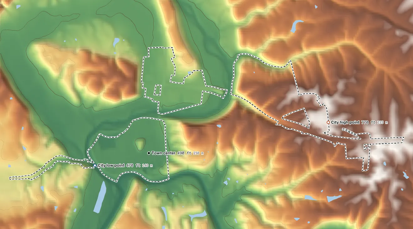 Topographic elevation map of Taylorsville, Kentucky, shaded from 470 ft on the west side to 770 ft on the east side