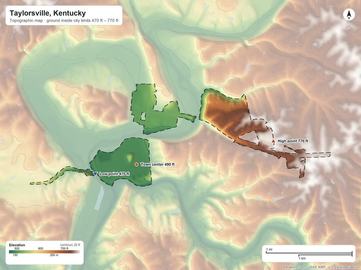 Topographic elevation map of Taylorsville, Kentucky, shaded from 470 ft on the west side to 770 ft on the east side