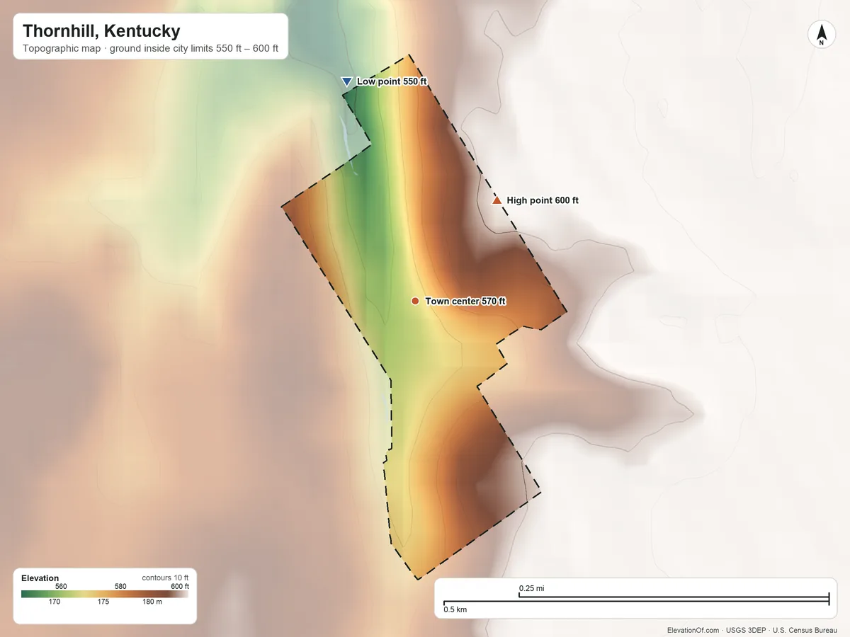 Topographic elevation map of Thornhill, Kentucky, shaded from 550 ft on the north side to 600 ft on the northeast side
