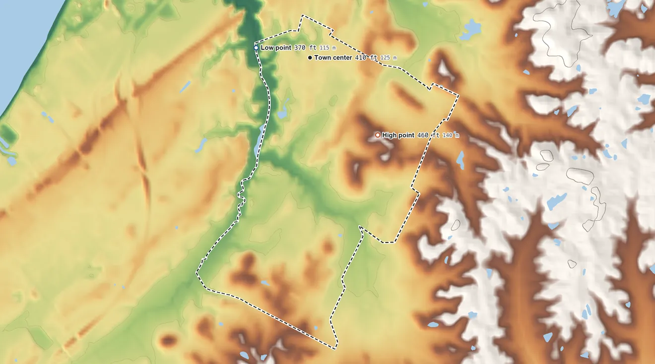 Topographic elevation map of Thruston, Kentucky, shaded from 370 ft on the west side to 460 ft on the southeast side