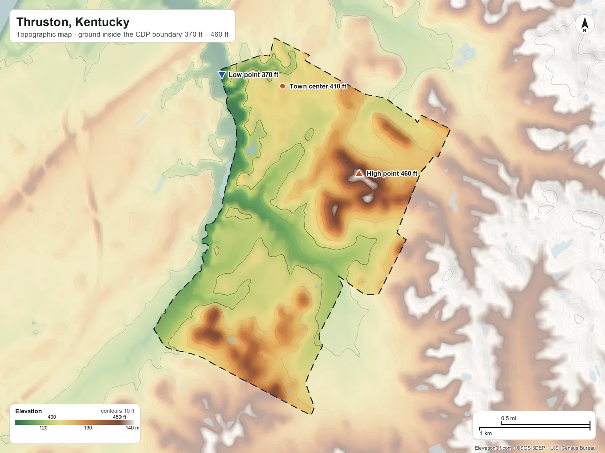Topographic elevation map of Thruston, Kentucky, shaded from 370 ft on the west side to 460 ft on the southeast side