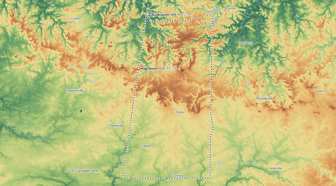 Topographic elevation map of Todd County, Kentucky, shaded from 400 ft on the north side to 950 ft on Pilot Rock