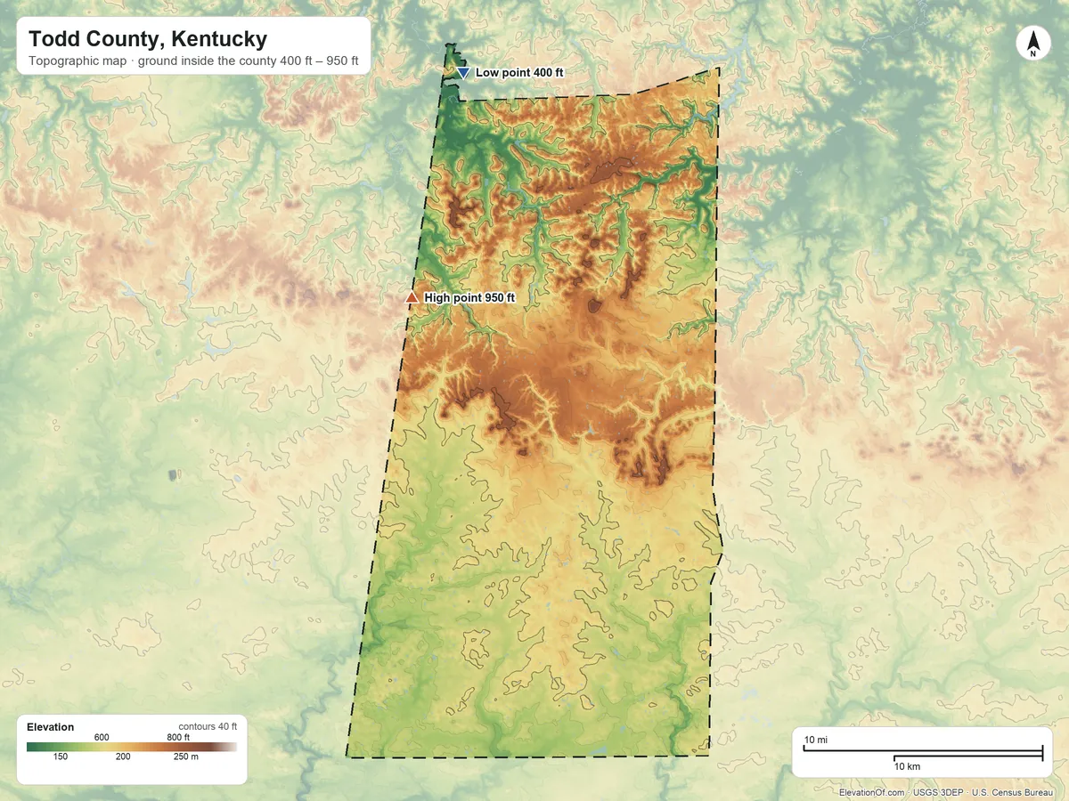 Topographic elevation map of Todd County, Kentucky, shaded from 400 ft on the north side to 950 ft on Pilot Rock