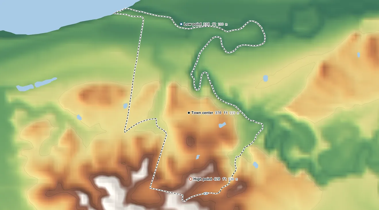 Topographic elevation map of Tolu, Kentucky, shaded from 330 ft on the north side to 420 ft on the south side