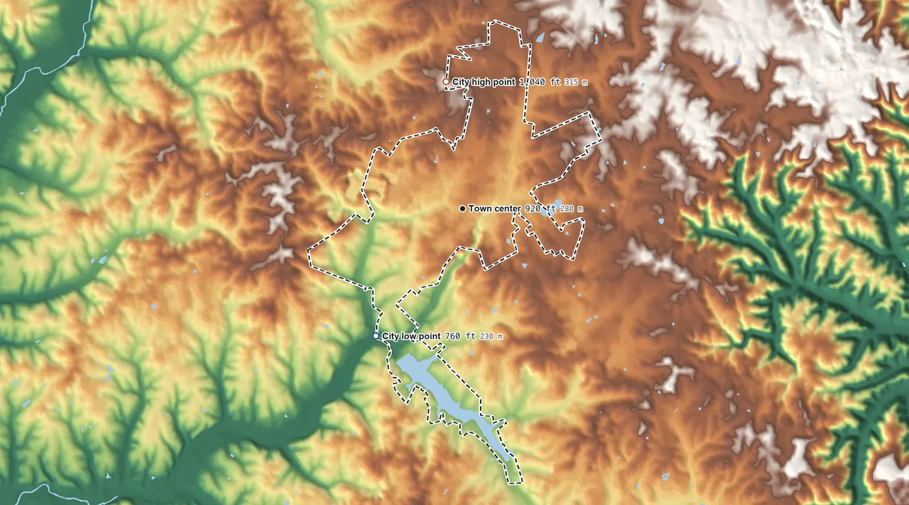 Topographic elevation map of Tompkinsville, Kentucky, shaded from 760 ft on the southwest side to 1,040 ft on the north side
