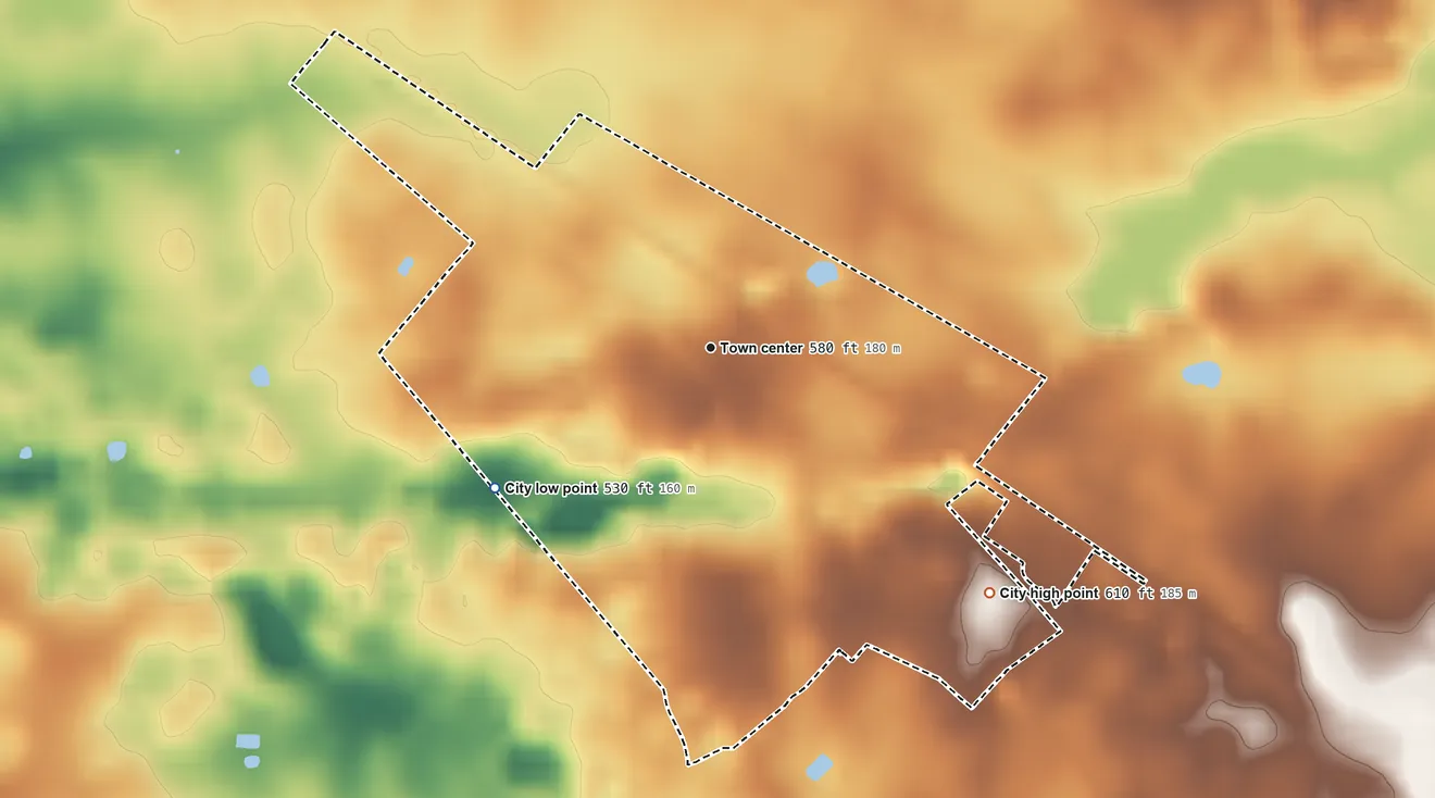 Topographic elevation map of Trenton, Kentucky, shaded from 530 ft on the southwest side to 610 ft on the southeast side
