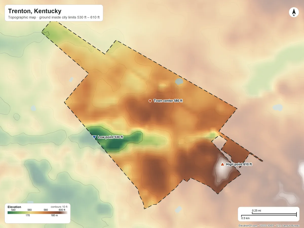 Topographic elevation map of Trenton, Kentucky, shaded from 530 ft on the southwest side to 610 ft on the southeast side