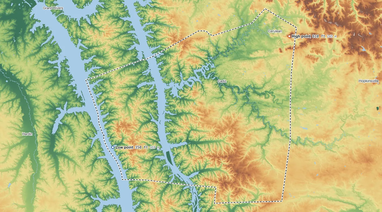 Topographic elevation map of Trigg County, Kentucky, shaded from 350 ft on the southwest side to 810 ft on Buie Knob