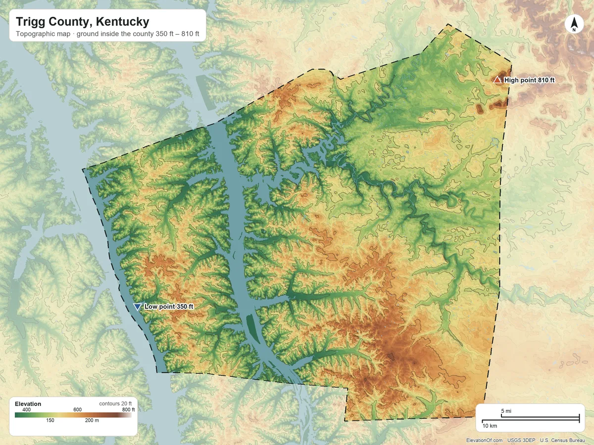 Topographic elevation map of Trigg County, Kentucky, shaded from 350 ft on the southwest side to 810 ft on Buie Knob