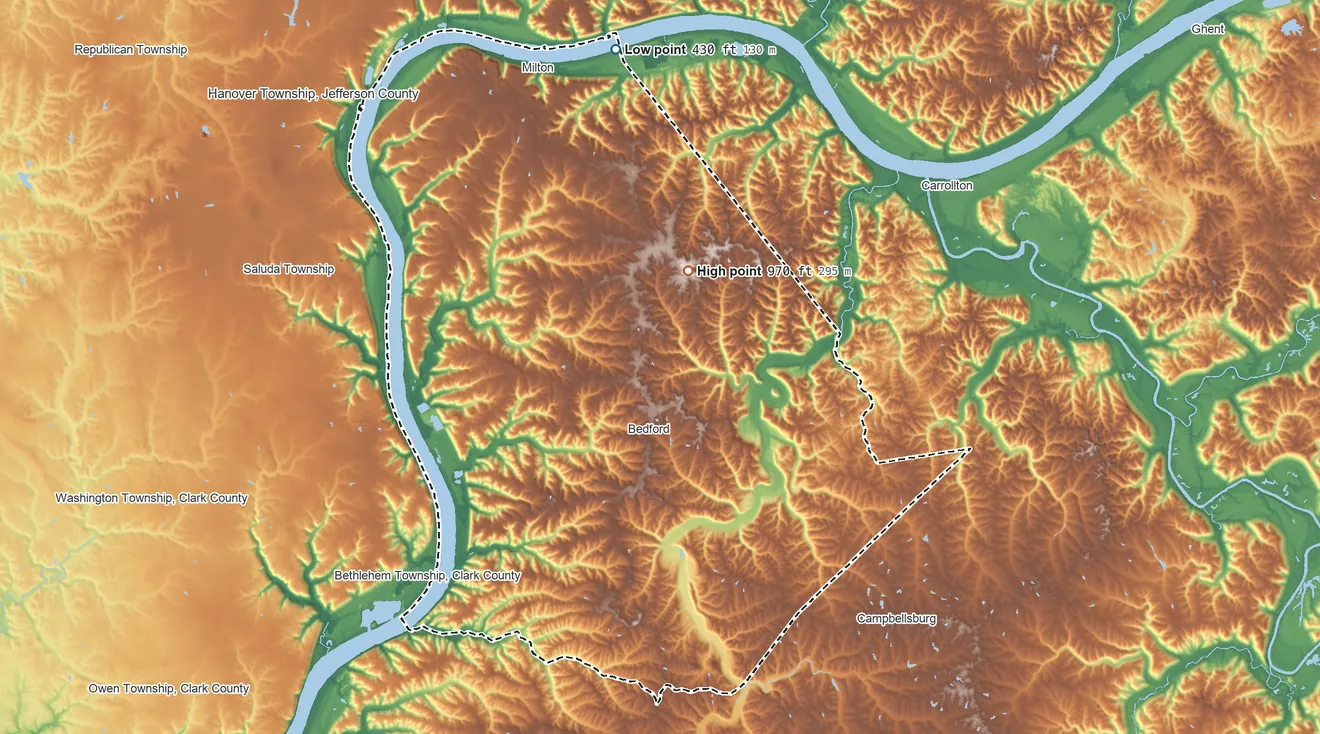 Topographic elevation map of Trimble County, Kentucky, shaded from 430 ft on the north side to 970 ft on the north side