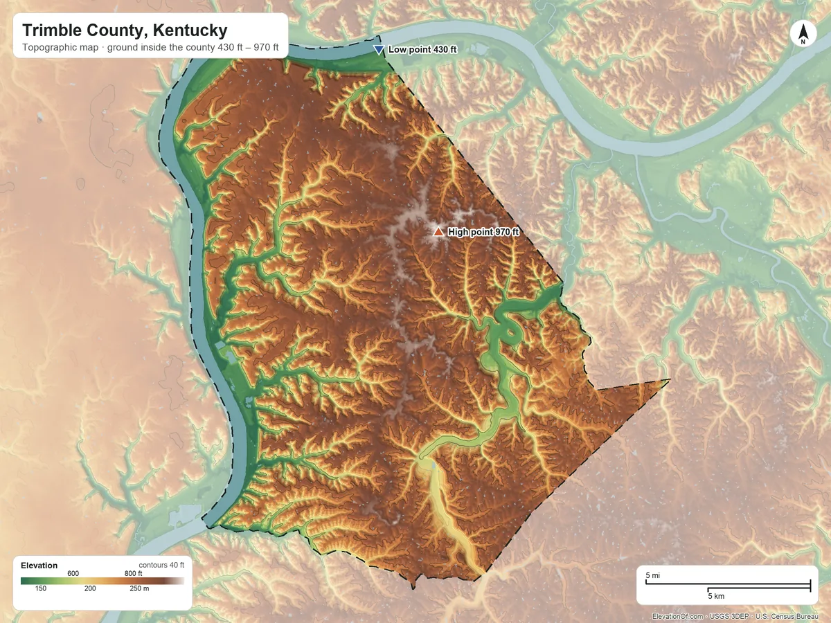 Topographic elevation map of Trimble County, Kentucky, shaded from 430 ft on the north side to 970 ft on the north side