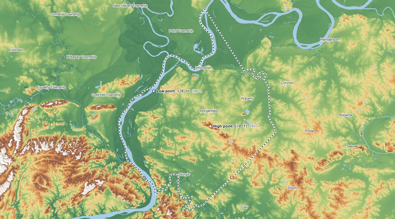 Topographic elevation map of Union County, Kentucky, shaded from 320 ft on the northwest side to 670 ft near the middle
