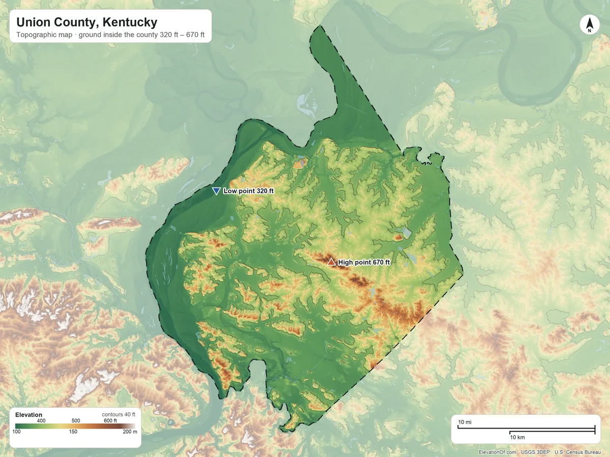 Topographic elevation map of Union County, Kentucky, shaded from 320 ft on the northwest side to 670 ft near the middle