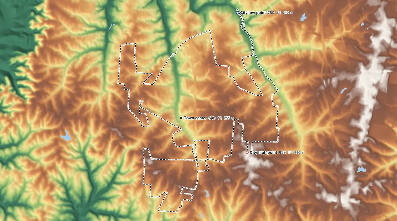 Topographic elevation map of Union, Kentucky, shaded from 780 ft on the northeast side to 950 ft on the southeast side