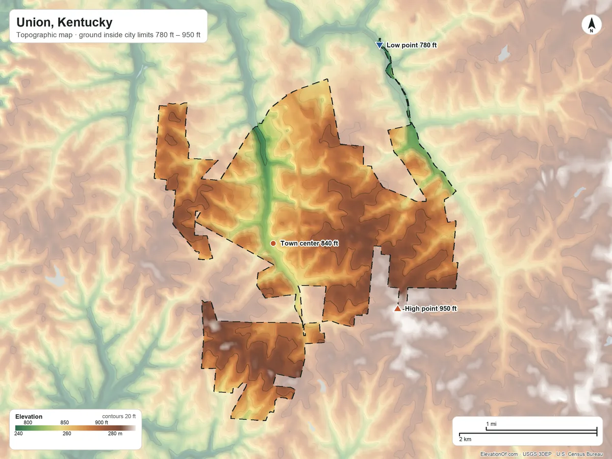 Topographic elevation map of Union, Kentucky, shaded from 780 ft on the northeast side to 950 ft on the southeast side