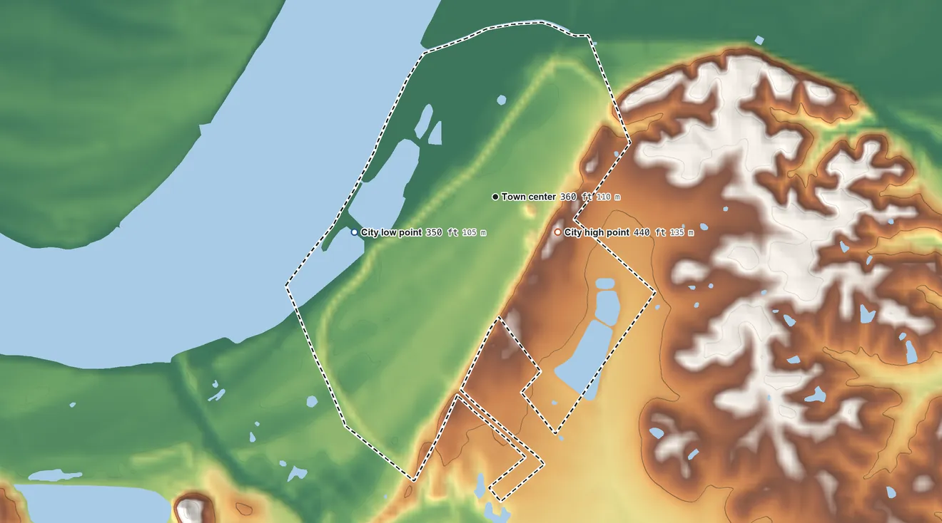 Topographic elevation map of Uniontown, Kentucky, shaded from 350 ft on the west side to 440 ft on the southeast side