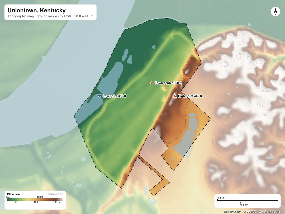 Topographic elevation map of Uniontown, Kentucky, shaded from 350 ft on the west side to 440 ft on the southeast side