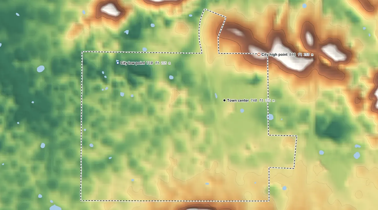 Topographic elevation map of Upton, Kentucky, shaded from 710 ft on the west side to 840 ft on the northeast side