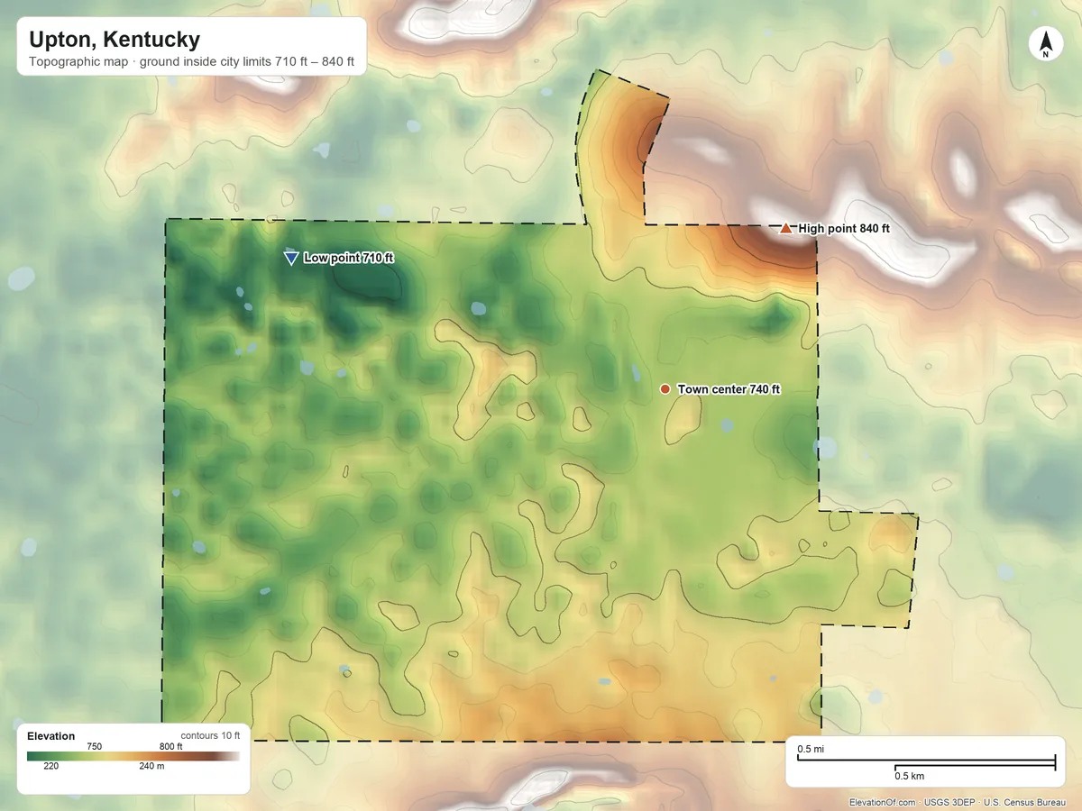 Topographic elevation map of Upton, Kentucky, shaded from 710 ft on the west side to 840 ft on the northeast side
