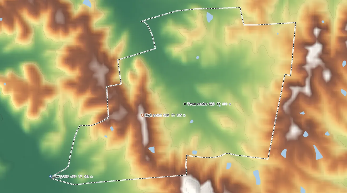 Topographic elevation map of Utica, Kentucky, shaded from 400 ft on the southwest side to 510 ft on the west side